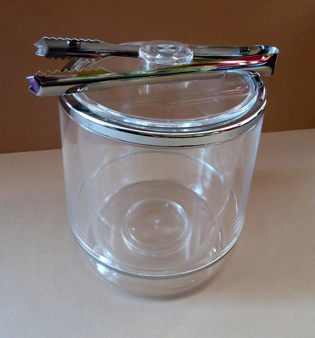 1970s SPACE AGE Clear Plastic Ice Bucket with Silver Chrome Trims. Original Stainless Steel Ice Tongs
