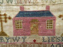 Load image into Gallery viewer, 1803 ANTIQUE Embroidered Sampler. Genuine Scottish GEORGIAN Textile. Pink House Decoration by Mary Wylie of Greenock
