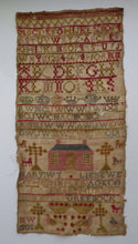 Load image into Gallery viewer, 1803 ANTIQUE Embroidered Sampler. Genuine Scottish GEORGIAN Textile. Pink House Decoration by Mary Wylie of Greenock
