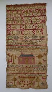 1803 ANTIQUE Embroidered Sampler. Genuine Scottish GEORGIAN Textile. Pink House Decoration by Mary Wylie of Greenock