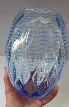 Load image into Gallery viewer, 1930s STEVENS AND WILLIAMS Glass Aquamarine Blue Threaded Vase With Golf Ball Pattern. 8 inches high
