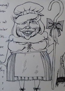 Cartoon Caricature Drawing by Willie Rushton. Fay Weldon Subject 