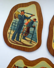 Load image into Gallery viewer, STRANGE 1950s Wooden Plate Mats - with Stylish Seaside or 1950s Beach Illustrations on each
