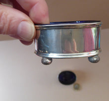 Load image into Gallery viewer, 1921 SOLID SILVER Pair of Table Salts with Simple Design. Original Fitted Bristol Blue Glass Liners. Excellent Condition.
