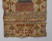 Load image into Gallery viewer, 1803 ANTIQUE Embroidered Sampler. Genuine Scottish GEORGIAN Textile. Pink House Decoration by Mary Wylie of Greenock
