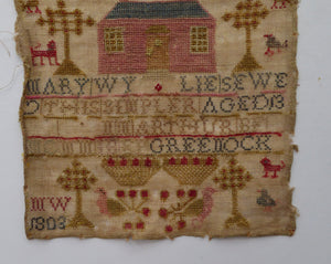 1803 ANTIQUE Embroidered Sampler. Genuine Scottish GEORGIAN Textile. Pink House Decoration by Mary Wylie of Greenock