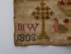 1803 ANTIQUE Embroidered Sampler. Genuine Scottish GEORGIAN Textile. Pink House Decoration by Mary Wylie of Greenock