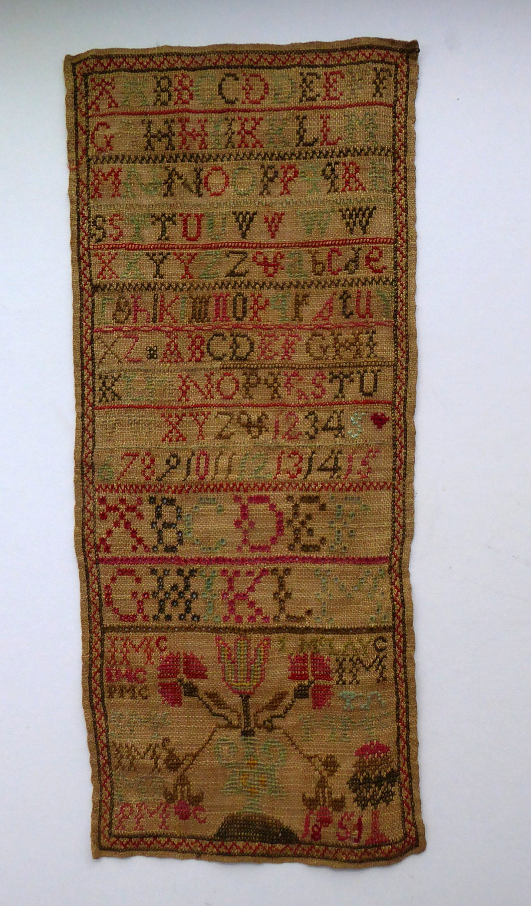 1851 ANTIQUE Embroidered Sampler. Genuine Early Victorian Scottish Textile by I. McLay