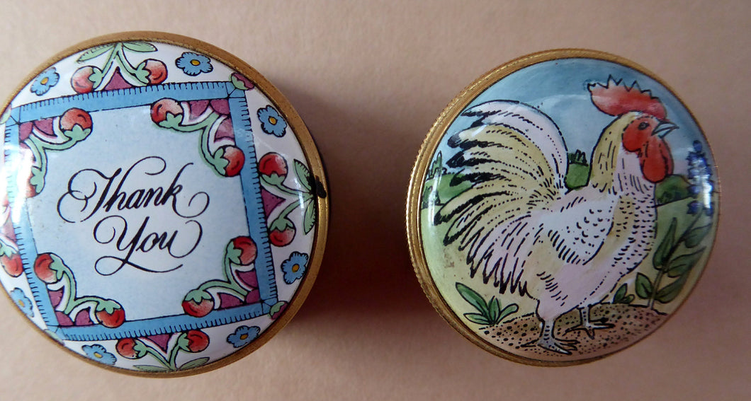 PAIR of Miniature Enamel Trinket Boxes. One HALCYON Days: Thank You. The other BILSTON Battersea with Chicken Image