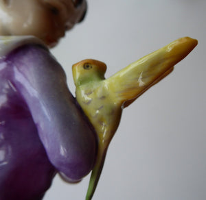 Vintage Royal Worcester Figurine The Parakeet. Modelled by Freda Doughty (3087). Rarer Purple Colour and Yellow Bird. PERFECT