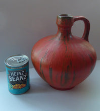 Load image into Gallery viewer, 1960s LARGE West German Ruscha Vase with Handle. Scarlet Red Thick Volcano Glaze

