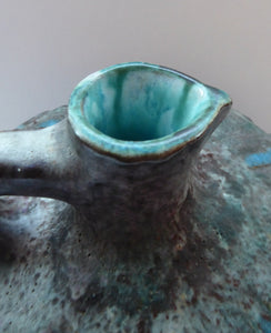 1960s LARGE West German Ruscha ANTIK Glaze Vase with Handle. Black, Teal and Purple Lava Glaze. Model No. 62