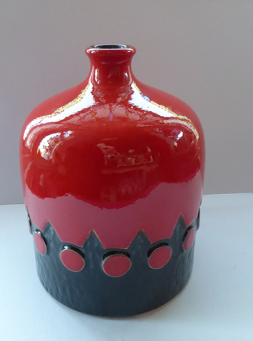 LARGE 1970s West German JASBA POTTERY Vase. Fabulous Shiny Red and Black Lava Glaze. Raised Red Polka Dots