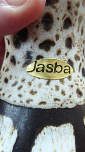 Vintage 1970s West German Pottery Handled Vase or Pitcher. JASBA WARE with Orange Polka Dot Pattern. 6 3/4 inches high