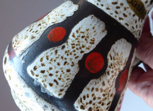 Vintage 1970s West German Pottery Handled Vase or Pitcher. JASBA WARE with Orange Polka Dot Pattern. 6 3/4 inches high
