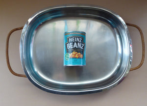 1960s DANISH LUNDTOFTE Stainless Steel Serving Dish. Rare with Original Metal Cane Coated Serving Stand