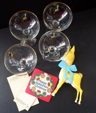 Load image into Gallery viewer, VINTAGE Babycham Job Lot: Large Plastic Babycham Bambi Fawn Model. 7 1/2 inches. Offered with four coupe glasses, Happy Christmas Beer Mat
