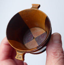 Load image into Gallery viewer, MINIATURE Antique Scottish Banded Treen Luggie or Porringer. Quaich Shape with Two Transfer Mauchline Images
