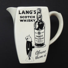 Load image into Gallery viewer, 1950s WHISKY JUG for Lang&#39;s Scotch Whisky. Comical Black &amp; White Image. Made by WADE. Excellent Condition
