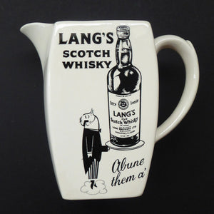 1950s WHISKY JUG for Lang's Scotch Whisky. Comical Black & White Image. Made by WADE. Excellent Condition