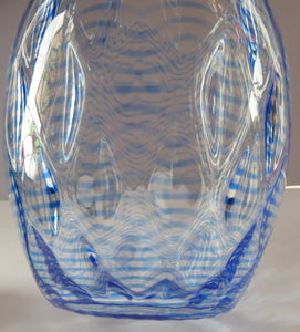 1930s STEVENS AND WILLIAMS Glass Aquamarine Blue Threaded Vase With Golf Ball Pattern. 8 inches high