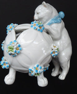 Pretty Victorian era SITZENDORF DRESDEN porcelain cat playing with a ball of wool, possibly a pot pourri holder