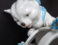 Load image into Gallery viewer, Pretty Victorian era SITZENDORF DRESDEN porcelain cat playing with a ball of wool, possibly a pot pourri holder
