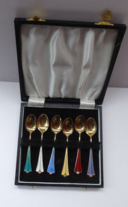 Vintage NORWEGIAN Solid Silver & Harlequin Enamel DAVID ANDERSEN Gilt Silver Demitasse Coffee Spoons in Fitted Case
