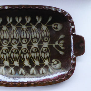 Large 1970s Rustic Serving Platter. Davey Pottery, Castle Douglas, Kirkcudbrightshire. Abstract Fish Design