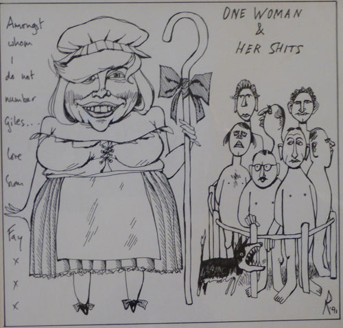 Cartoon Caricature Drawing by Willie Rushton. Fay Weldon Subject 