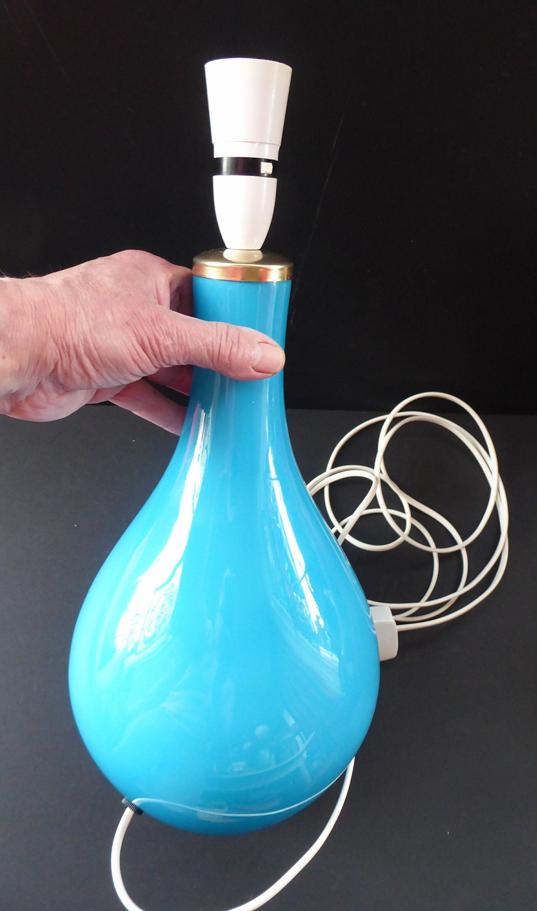 Vintage 1960s HOLMEGAARD Glass Lamp (RE-WIRED) with Original Neck Brass Fitting. Turquoise Blue Coloured Glass. 13 1/2 inches tall