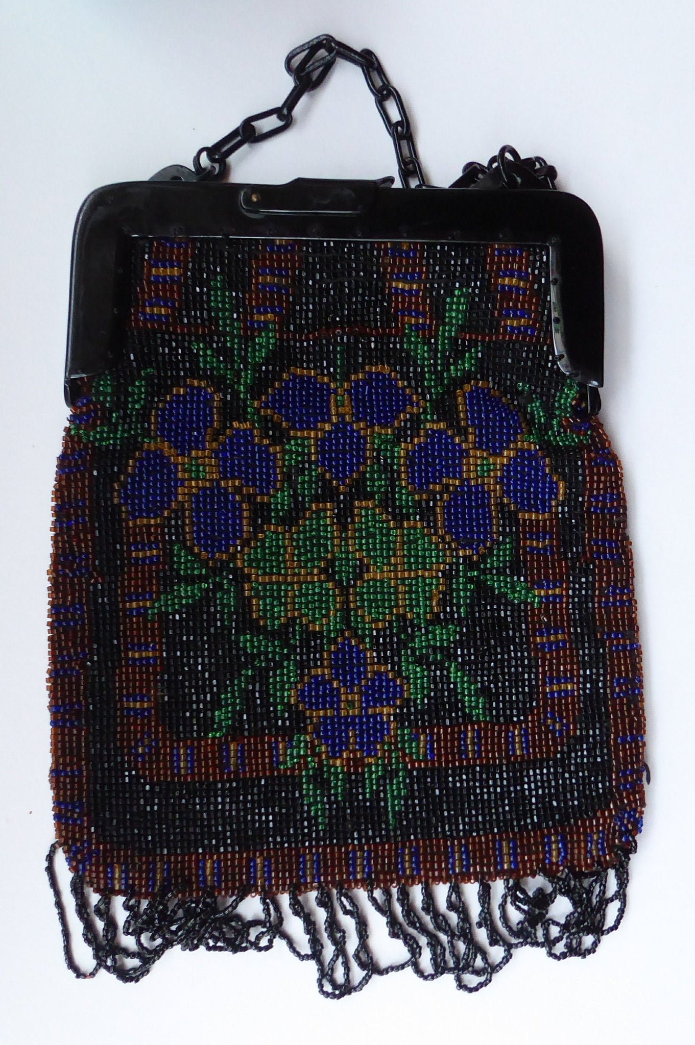 ART DECO Glass Beaded Bag with Unusual Black Clasp and Handle