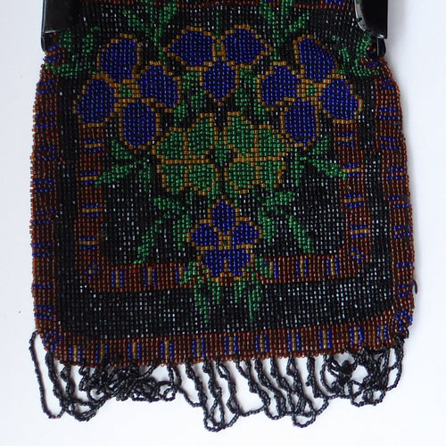 ART DECO Glass Beaded Bag with Unusual Black Clasp and Handle. LARGE Fabulous Vintage Evening Bag