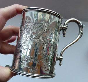 ANTIQUE Victorian Sterling SOLID SILVER Christening Mug with Gold Gilt Interior by William Evans, London 1879. Fabulous Engraved Ferns
