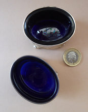 Load image into Gallery viewer, 1921 SOLID SILVER Pair of Table Salts with Simple Design. Original Fitted Bristol Blue Glass Liners. Excellent Condition.
