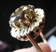 Load image into Gallery viewer, 1970s Vintage 9ct Gold Ring with Decorative Shoulders and Stone Setting. UK Size W. LARGE Oval Faceted Smoky Quartz Stone Set in Two Tiers
