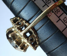 Load image into Gallery viewer, 1970s Vintage 9ct Gold Ring with Decorative Shoulders and Stone Setting. UK Size W. LARGE Oval Faceted Smoky Quartz Stone Set in Two Tiers
