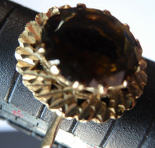 Load image into Gallery viewer, 1970s Vintage 9ct Gold Ring with Decorative Shoulders and Stone Setting. UK Size W. LARGE Oval Faceted Smoky Quartz Stone Set in Two Tiers
