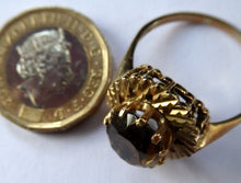 Load image into Gallery viewer, 1970s Vintage 9ct Gold Ring with Decorative Shoulders and Stone Setting. UK Size W. LARGE Oval Faceted Smoky Quartz Stone Set in Two Tiers
