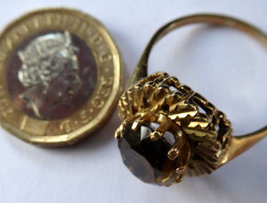 1970s Vintage 9ct Gold Ring with Decorative Shoulders and Stone Setting. UK Size W. LARGE Oval Faceted Smoky Quartz Stone Set in Two Tiers