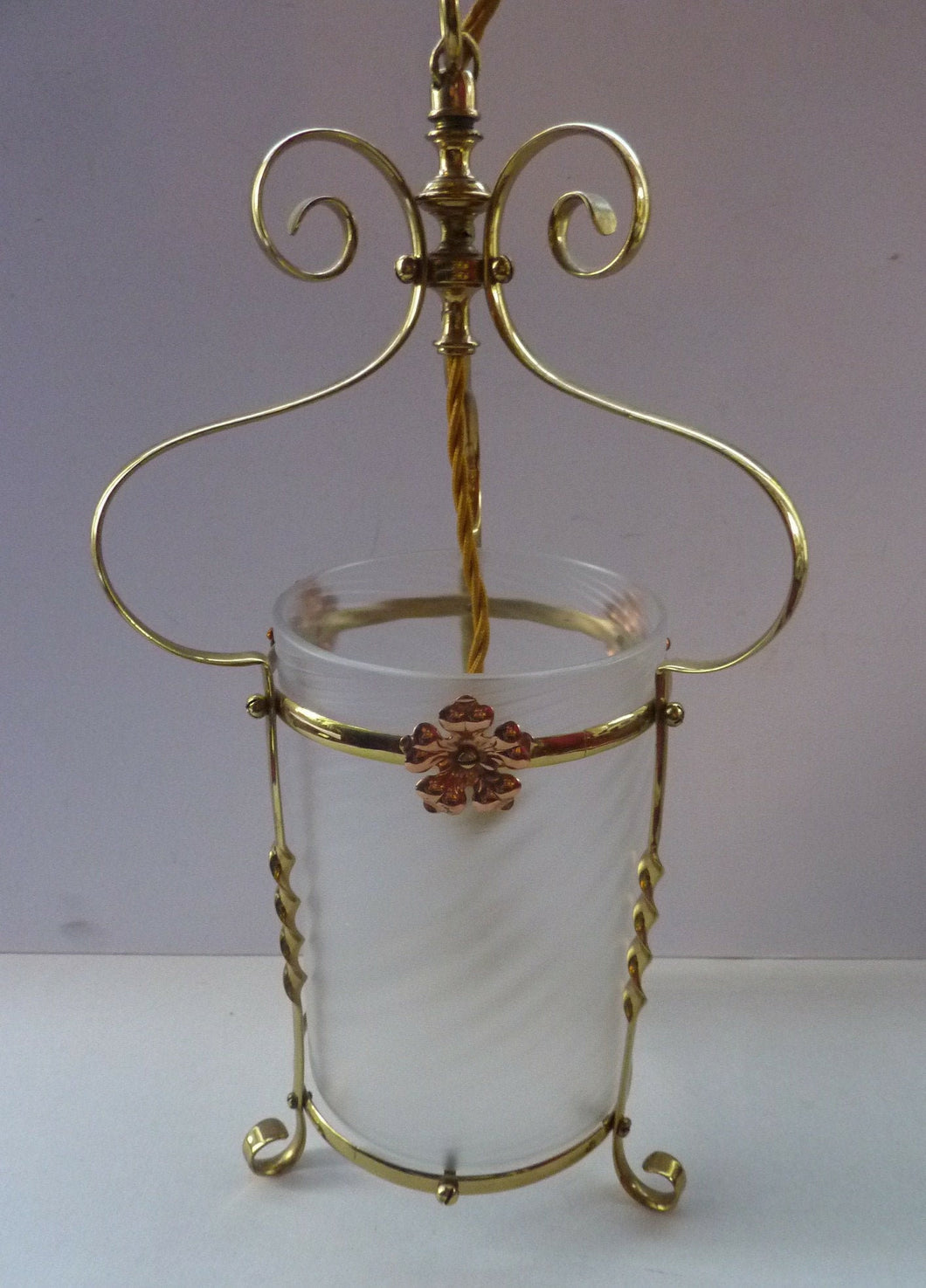 ART NOUVEAU Antique Brass & Frosted Glass Hanging Light Shade / Lantern