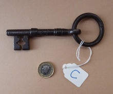 Load image into Gallery viewer, ANTIQUE Georgian / Victorian Large Cast Iron / Steel Bullring Key. Good Condition. Key Code C
