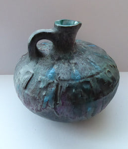 1960s LARGE West German Ruscha ANTIK Glaze Vase with Handle. Black, Teal and Purple Lava Glaze. Model No. 62