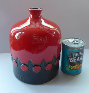 LARGE 1970s West German JASBA POTTERY Vase. Fabulous Shiny Red and Black Lava Glaze. Raised Red Polka Dots