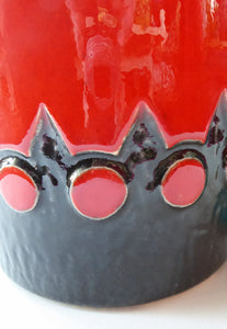LARGE 1970s West German JASBA POTTERY Vase. Fabulous Shiny Red and Black Lava Glaze. Raised Red Polka Dots