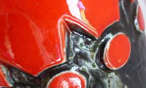 LARGE 1970s West German JASBA POTTERY Vase. Fabulous Shiny Red and Black Lava Glaze. Raised Red Polka Dots
