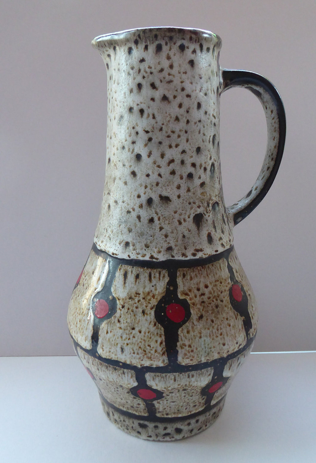 Vintage 1970s West German Pottery Handled Vase or Pitcher. JASBA WARE with Orange Polka Dot Pattern. 10 inches high