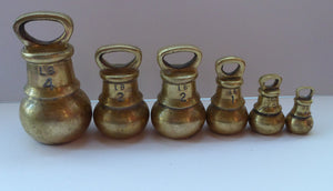 SIX English Pounds Antique BRASS Kitchen Scales Weight. Unusual Bell Shapes - Largest is 4lb. Good Display Pieces