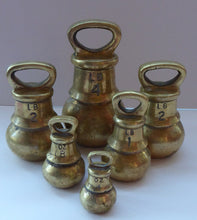 Load image into Gallery viewer, SIX English Pounds Antique BRASS Kitchen Scales Weight. Unusual Bell Shapes - Largest is 4lb. Good Display Pieces
