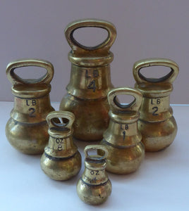 SIX English Pounds Antique BRASS Kitchen Scales Weight. Unusual Bell Shapes - Largest is 4lb. Good Display Pieces